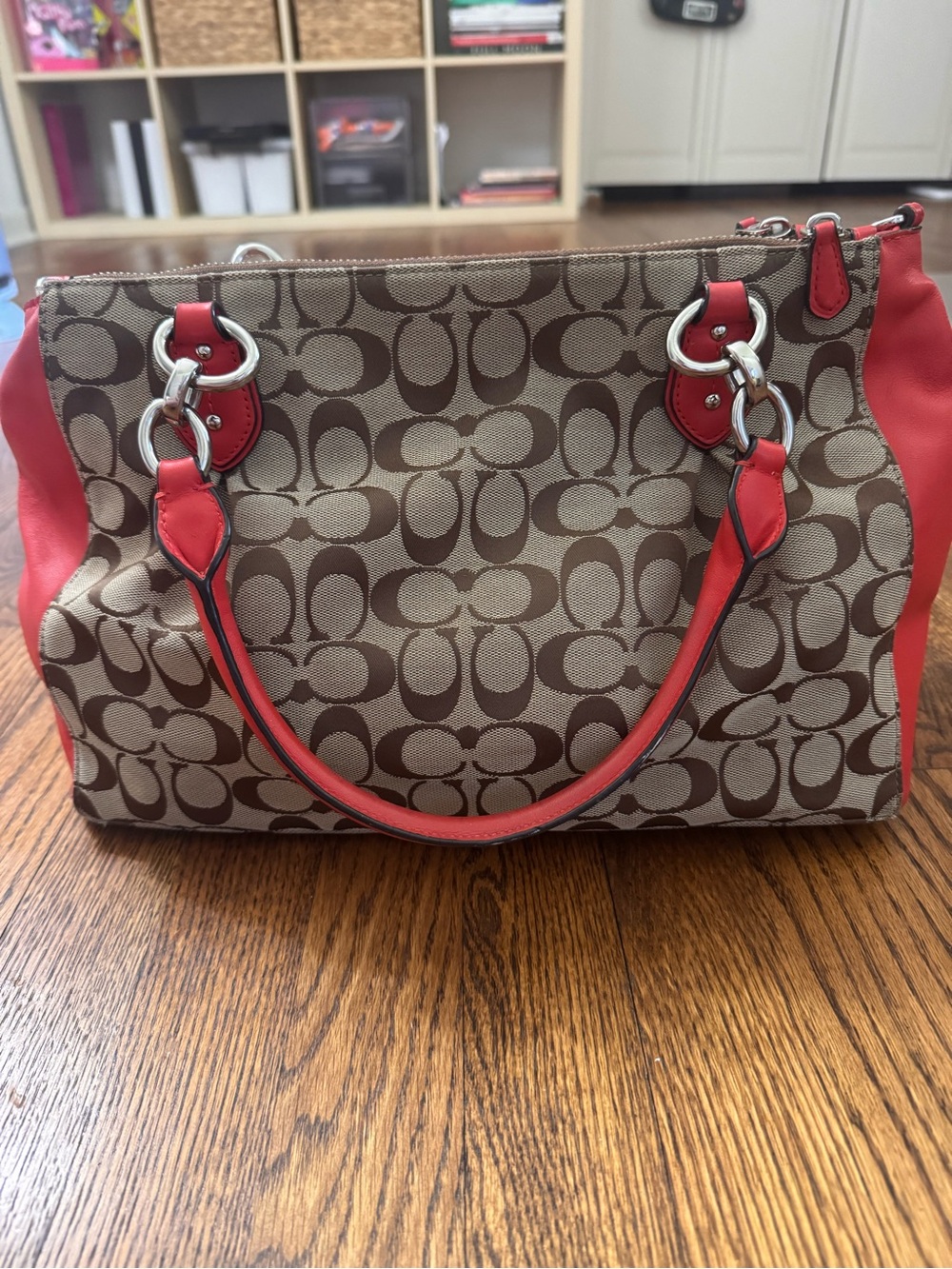 Coach Signature Canvas Coral Red Leather Satchel Crossbody Bag Purse EUC - Picture 2 of 16